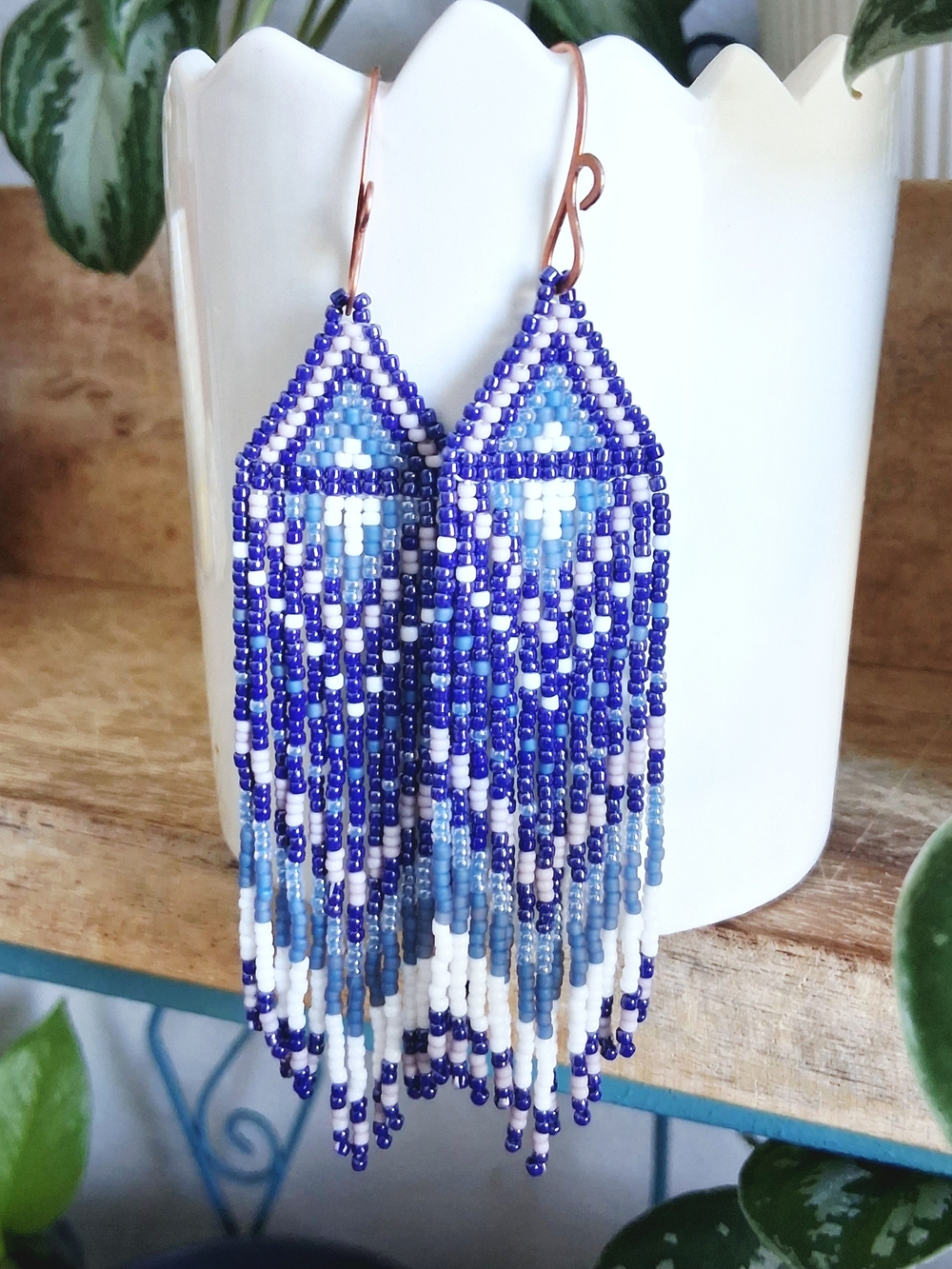 Blue and White Beaded Fringe Statement Earrings, 5"